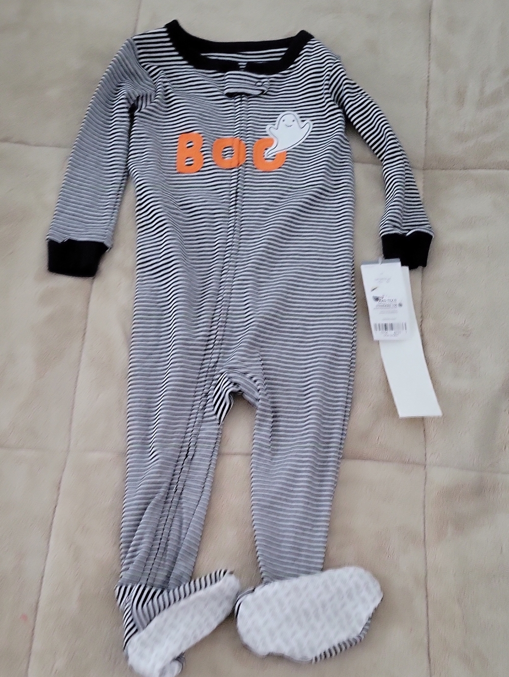 Carter's Black & White Striped Footed One-Piece with 'Boo' New size 12 months